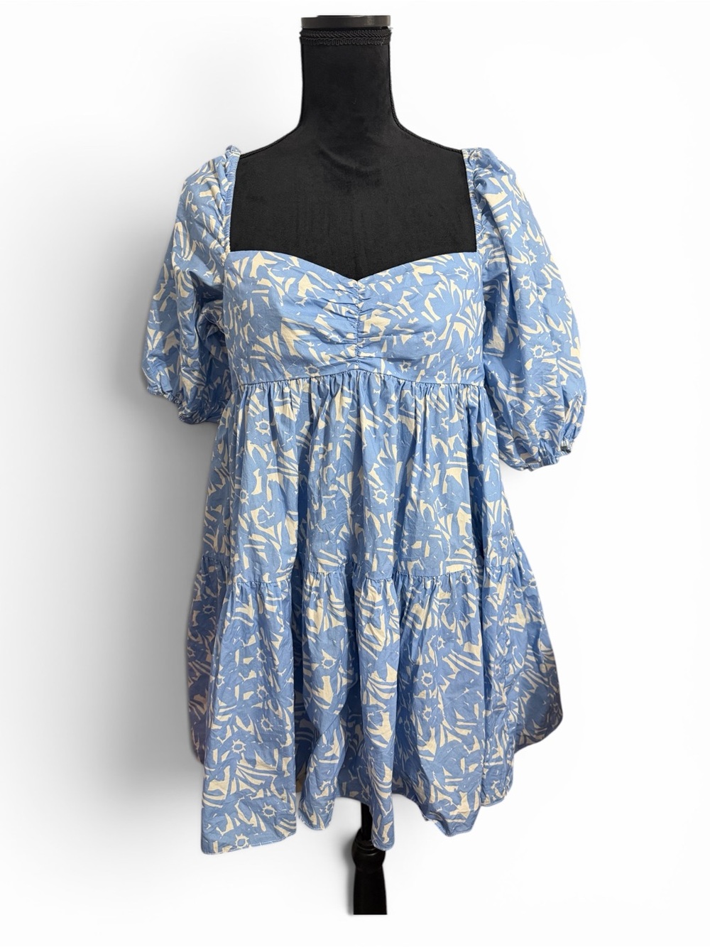 Amanda Uprichard Light Blue & White Puff-Sleeve Babydoll Dress 100% Cotton